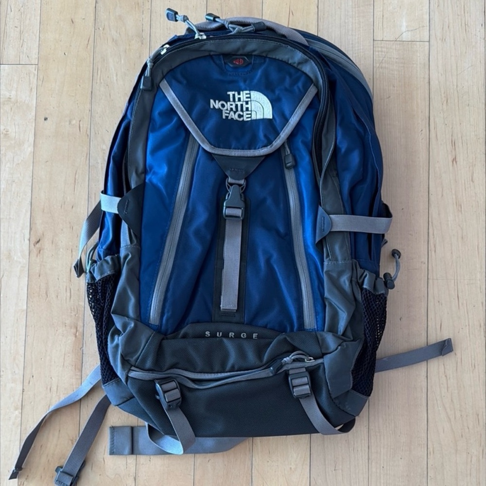 The North Face Surge Blue and Gray Backpack